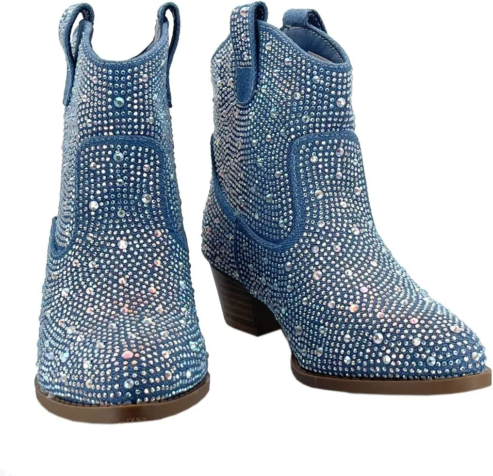 ABSOLEX Girl's Rhinestone Block Chunky Heel Ankle Bootie