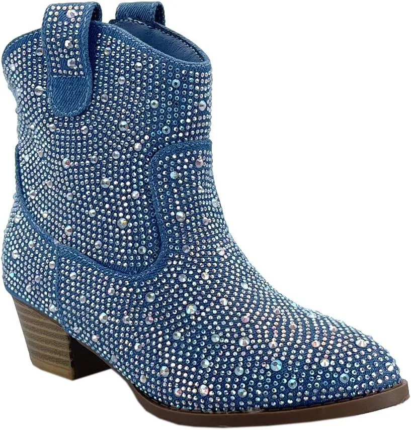 ABSOLEX Girl's Rhinestone Block Chunky Heel Ankle Bootie