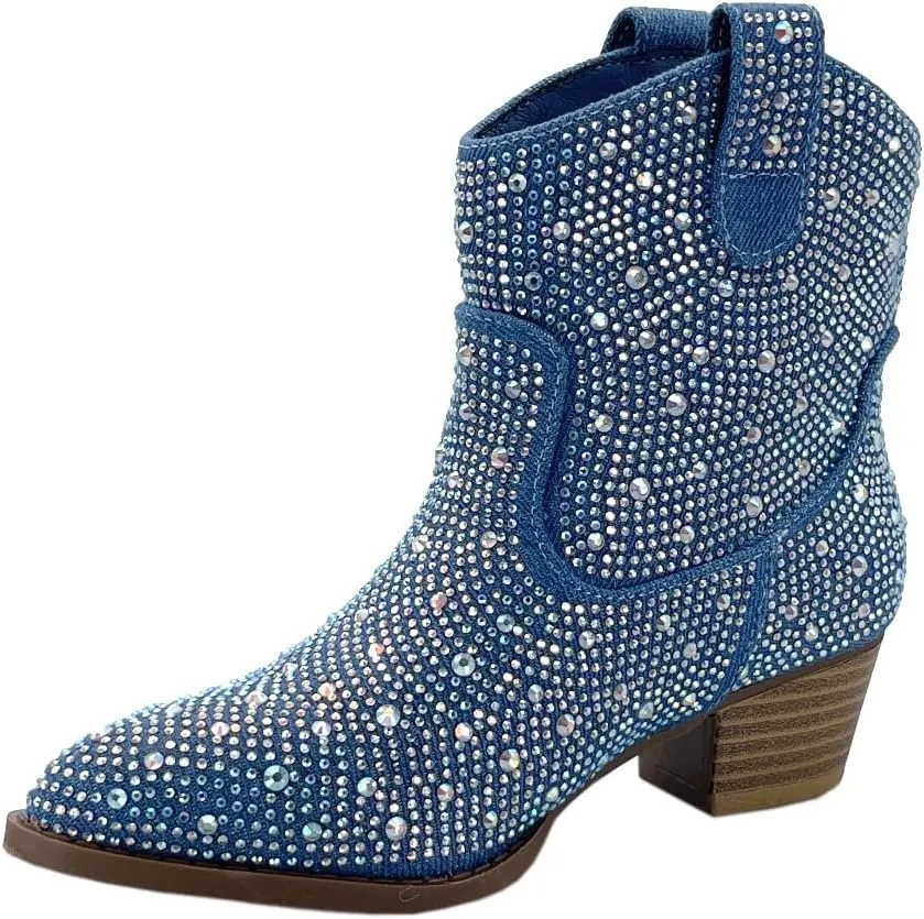 ABSOLEX Girl's Rhinestone Block Chunky Heel Ankle Bootie