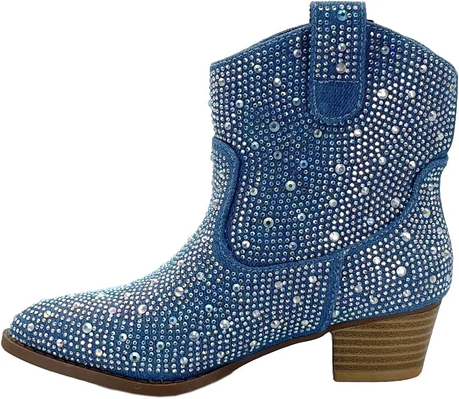 ABSOLEX Girl's Rhinestone Block Chunky Heel Ankle Bootie