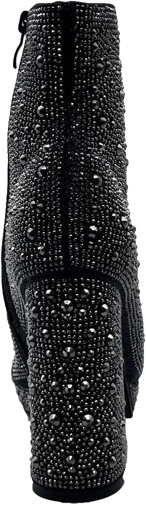 ABSOLEX Women Pointed Toe Rhinestone Platform Ankle High Chunky Block High Heel Bootie