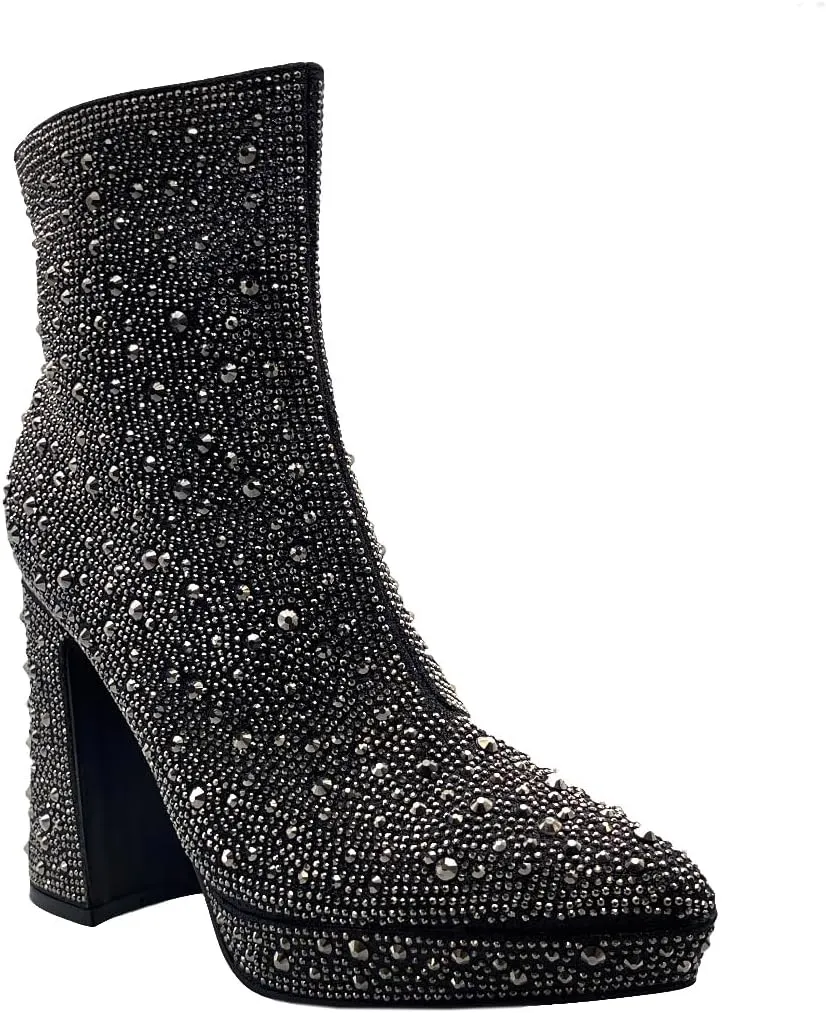 ABSOLEX Women Pointed Toe Rhinestone Platform Ankle High Chunky Block High Heel Bootie