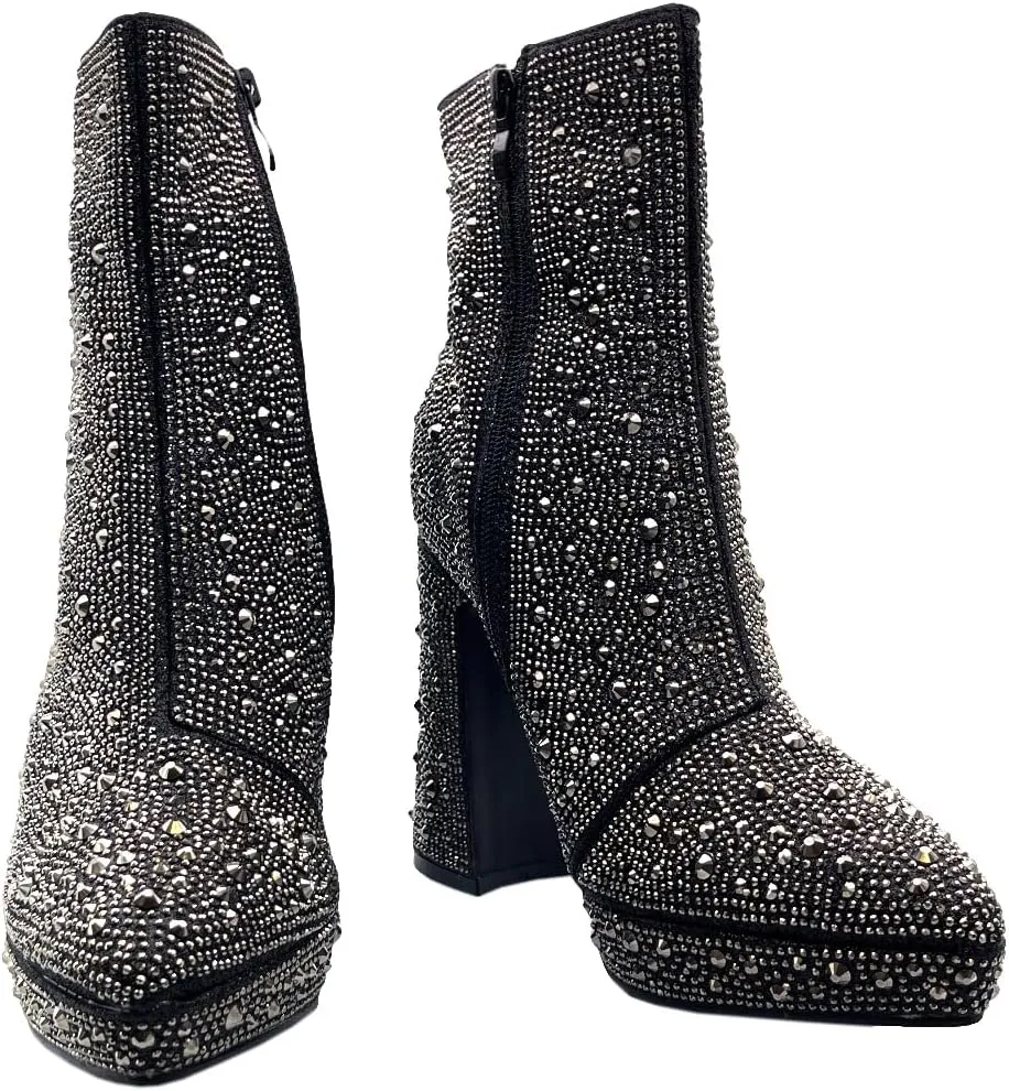 ABSOLEX Women Pointed Toe Rhinestone Platform Ankle High Chunky Block High Heel Bootie
