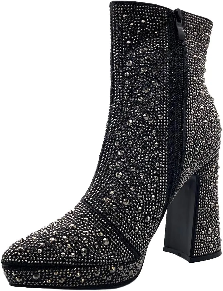 ABSOLEX Women Pointed Toe Rhinestone Platform Ankle High Chunky Block High Heel Bootie