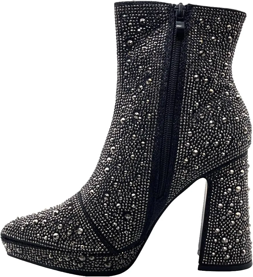 ABSOLEX Women Pointed Toe Rhinestone Platform Ankle High Chunky Block High Heel Bootie