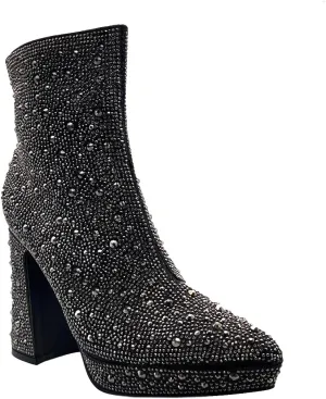 ABSOLEX Women Pointed Toe Rhinestone Platform Ankle High Chunky Block High Heel Bootie