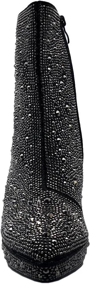 ABSOLEX Women Pointed Toe Rhinestone Platform Ankle High Chunky Block High Heel Bootie