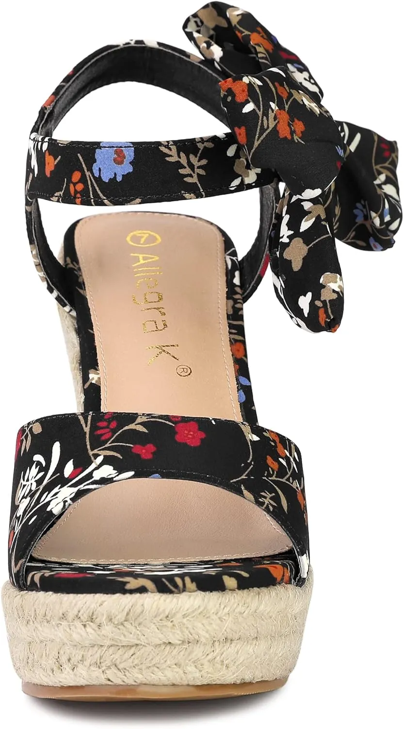 Allegra K Women's Platform Floral Printed Slingback Espadrille Wedge Sandals