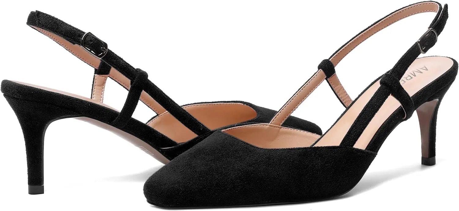 AMBELIGHT Womens Cute Office Square Toe Slingback Slip On Suede Kitten High Heel Pumps Shoes 2.5 Inch