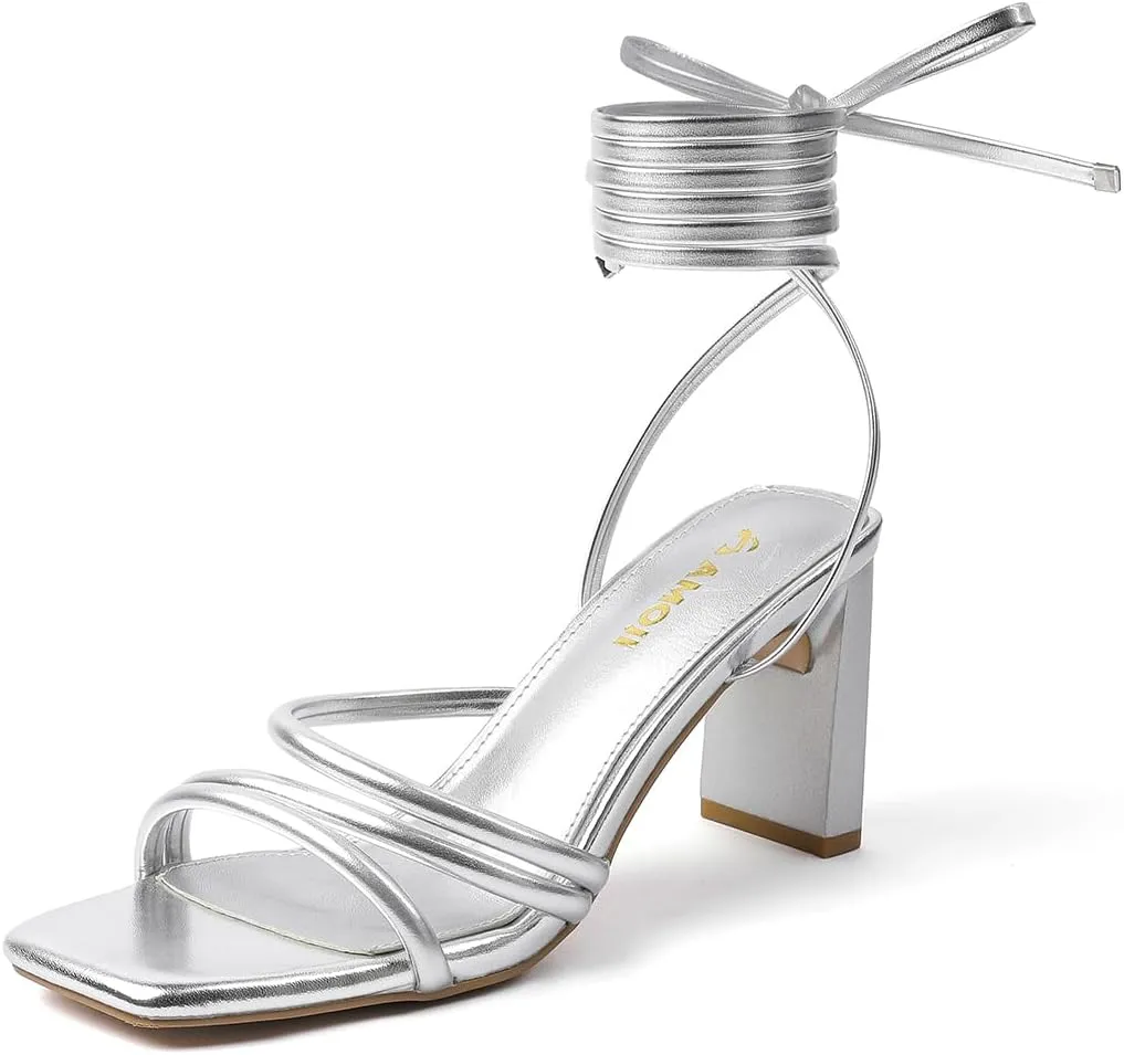 Amoji Women 3 Inch Strappy Heels Lady Strap Up Heeled Sandal Wedding Party Shoes 331