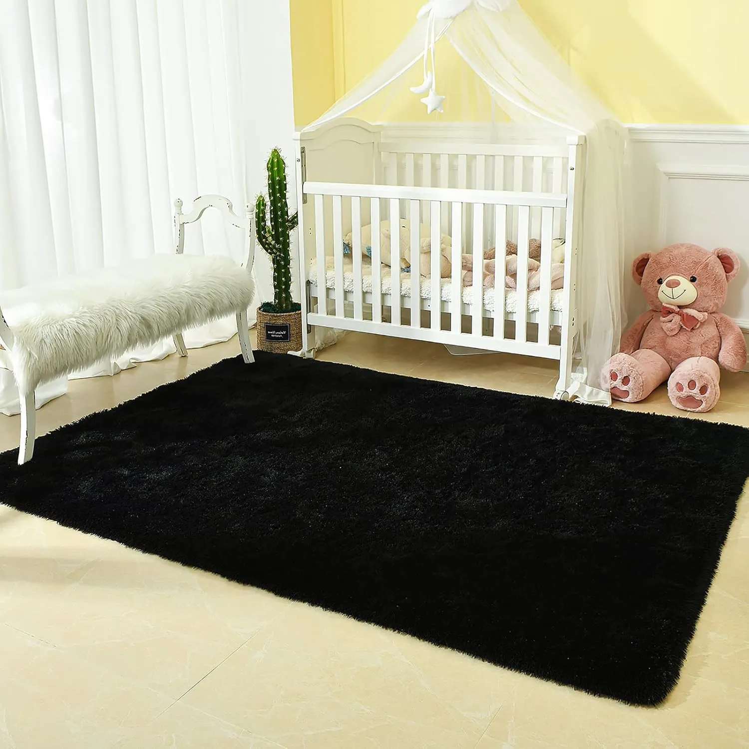 Andecor Soft Fluffy Bedroom Rugs, 4 x 6 Feet Indoor Shaggy Plush Area Rug for Boys Girls Kids Baby College Dorm Living Room Home Decor Floor Carpet, Black
