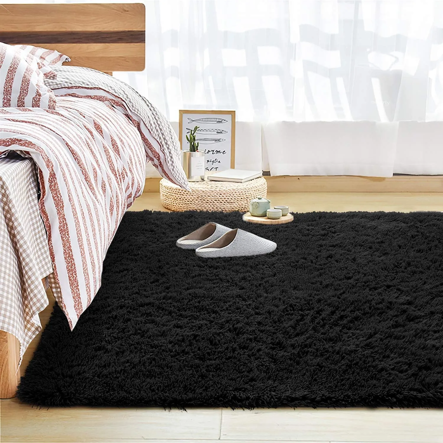 Andecor Soft Fluffy Bedroom Rugs, 4 x 6 Feet Indoor Shaggy Plush Area Rug for Boys Girls Kids Baby College Dorm Living Room Home Decor Floor Carpet, Black