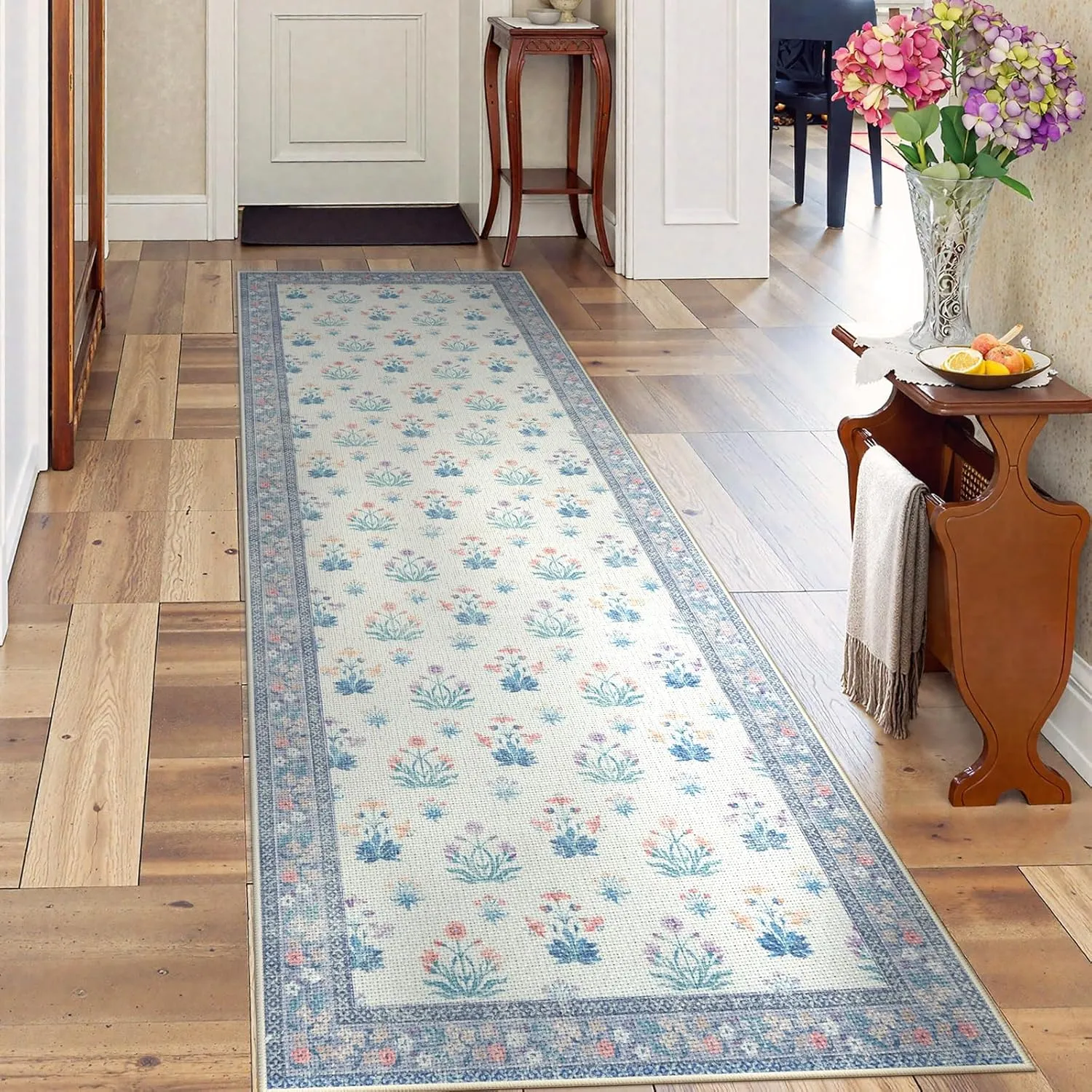 Anidaroel Easy Jute Floral Rugs 2x6 Hallway Runner Rug, Off White Boho Woven Indoor Outdoor Farmhouse Runner Rugs for Entryway, Washable Non Slip Kitchen Runner Rugs for Entry Laundry, Purple