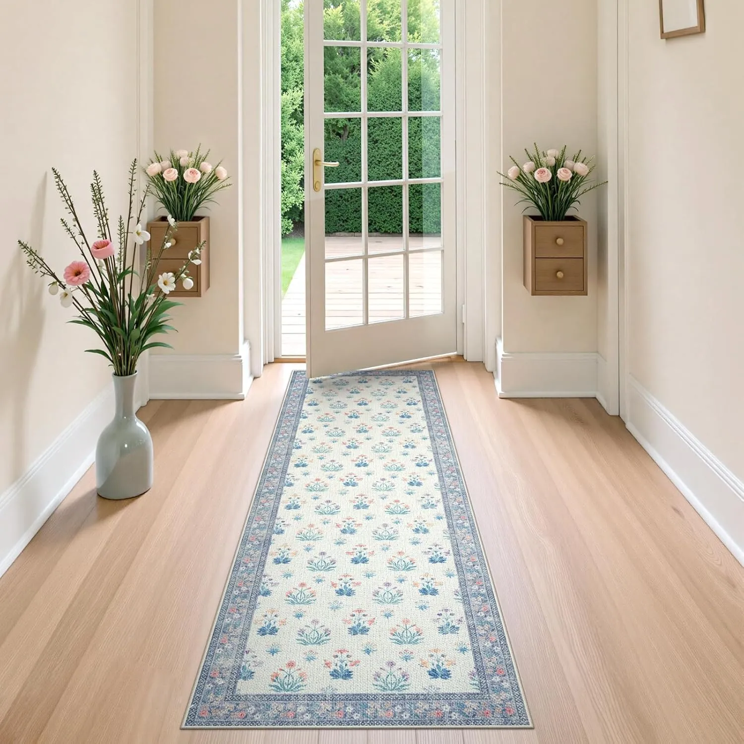 Anidaroel Easy Jute Floral Rugs 2x6 Hallway Runner Rug, Off White Boho Woven Indoor Outdoor Farmhouse Runner Rugs for Entryway, Washable Non Slip Kitchen Runner Rugs for Entry Laundry, Purple