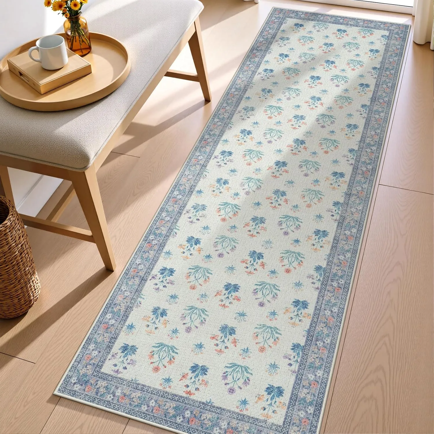 Anidaroel Easy Jute Floral Rugs 2x6 Hallway Runner Rug, Off White Boho Woven Indoor Outdoor Farmhouse Runner Rugs for Entryway, Washable Non Slip Kitchen Runner Rugs for Entry Laundry, Purple