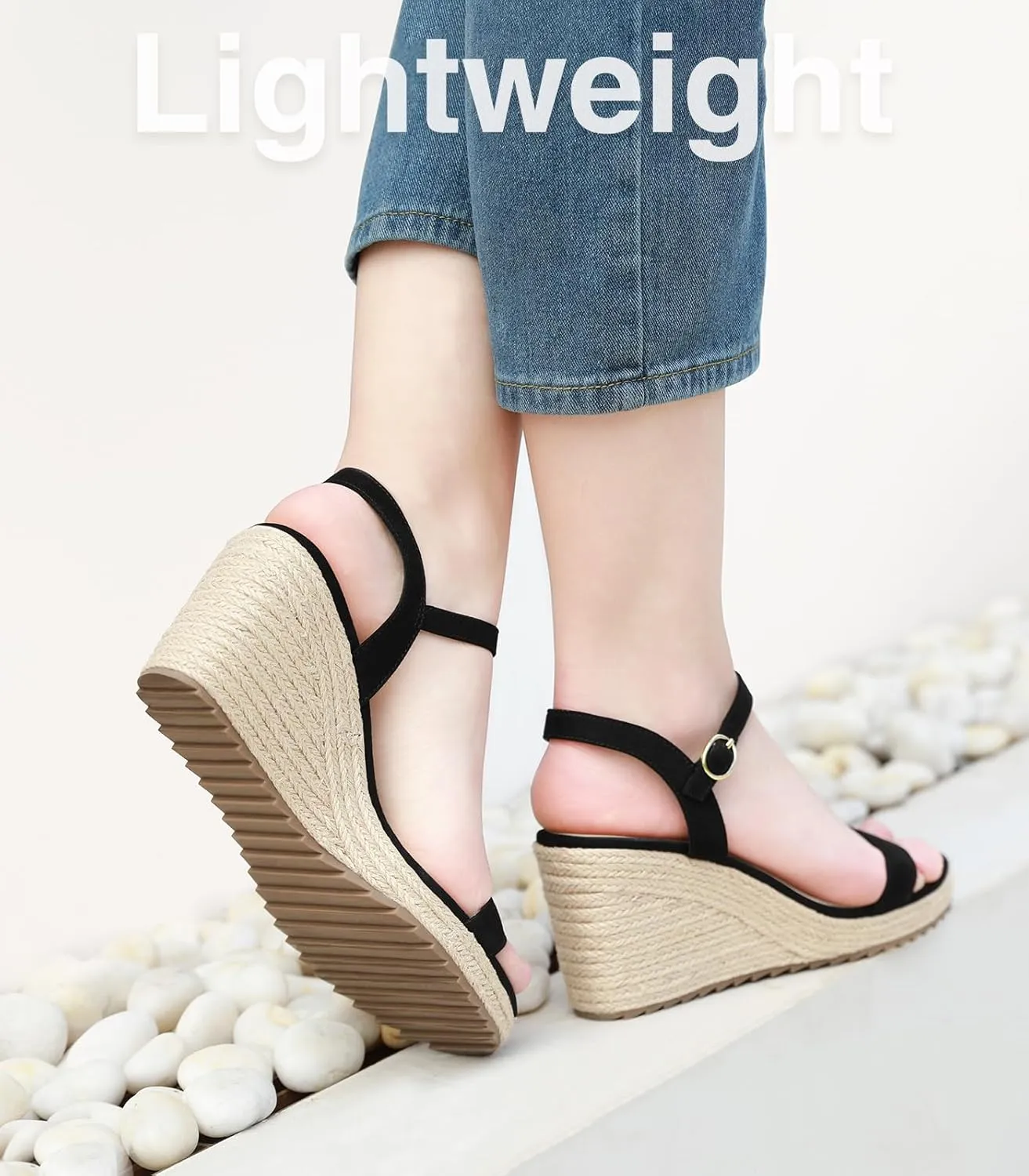 Ankis Platform Wedge Sandals for Women, Black Brown White Nude Espadrille Womens Wedge Sandals Comfortable Open Toe Ankle Strap High Heel Wedges for Women Dressy Summer -3.4Inch