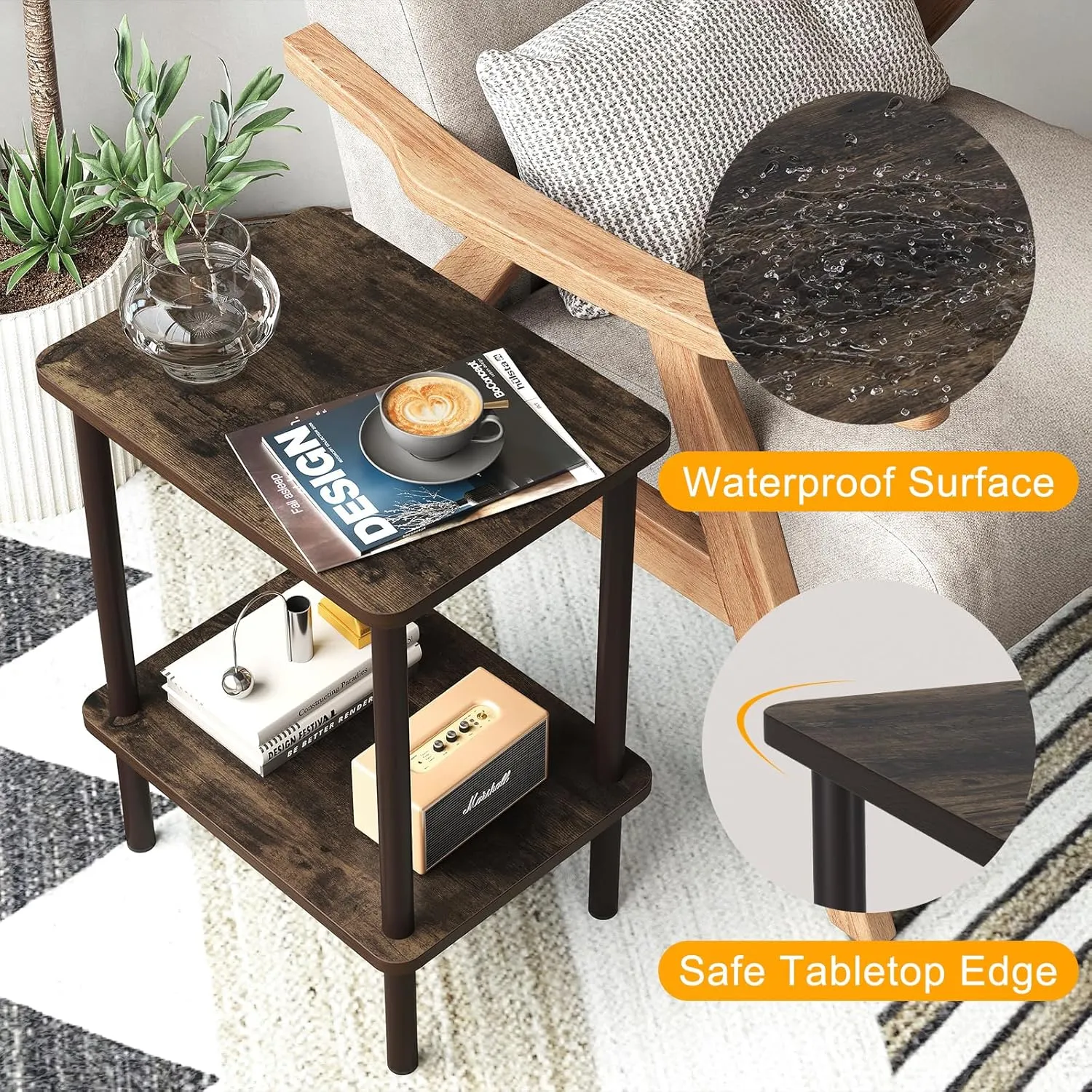 Apicizon 2 Tier End Table, Boho Side Table with Storage Shelf, Nightstand Bedside Table for Small Spaces, Bedroom, Living Room, Entryway, Farmhouse, Easy Assembly, Rustic Oak