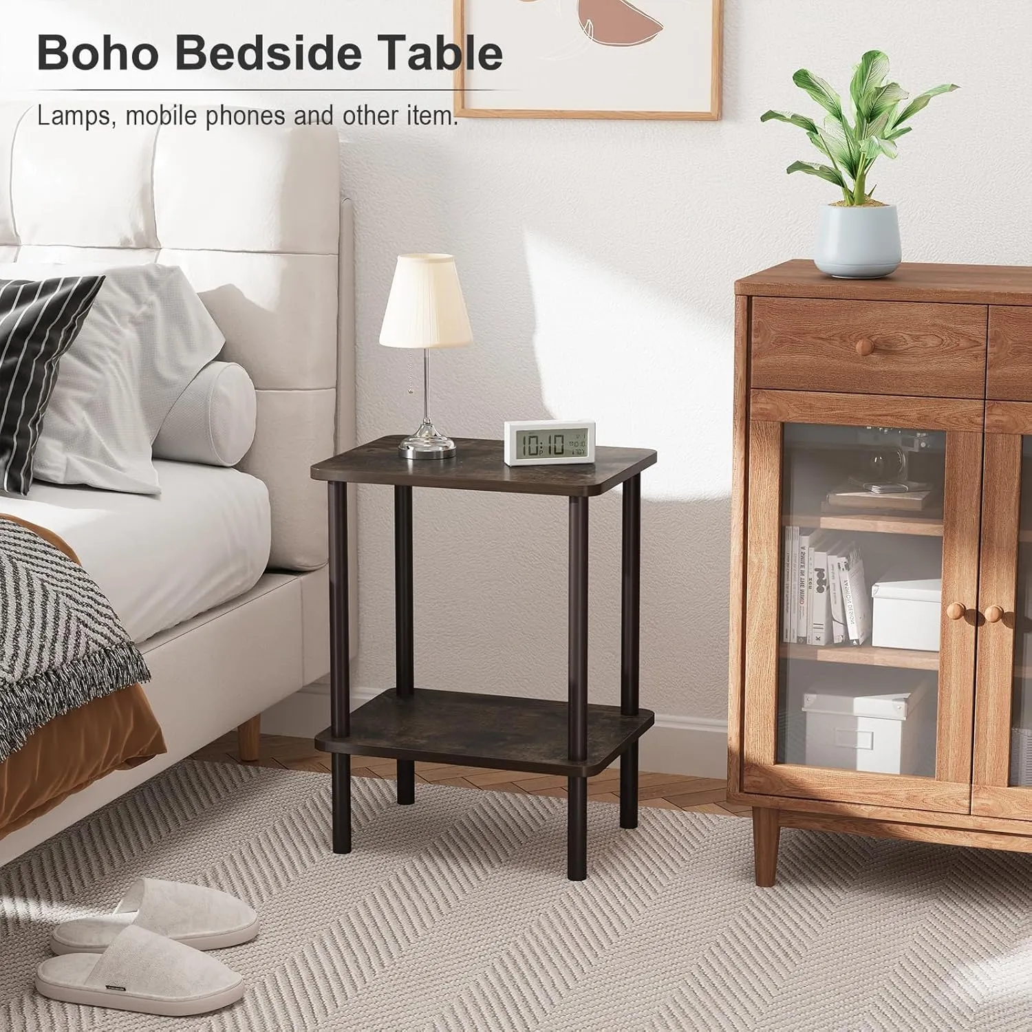 Apicizon 2 Tier End Table, Boho Side Table with Storage Shelf, Nightstand Bedside Table for Small Spaces, Bedroom, Living Room, Entryway, Farmhouse, Easy Assembly, Rustic Oak