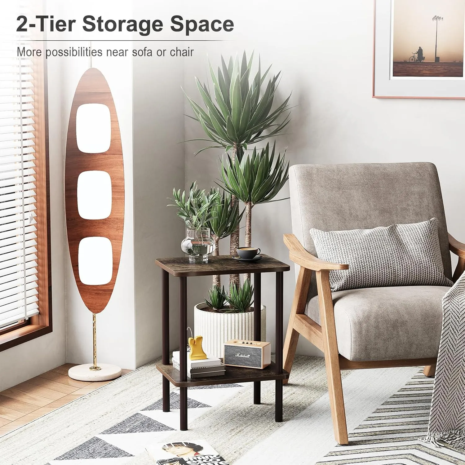 Apicizon 2 Tier End Table, Boho Side Table with Storage Shelf, Nightstand Bedside Table for Small Spaces, Bedroom, Living Room, Entryway, Farmhouse, Easy Assembly, Rustic Oak