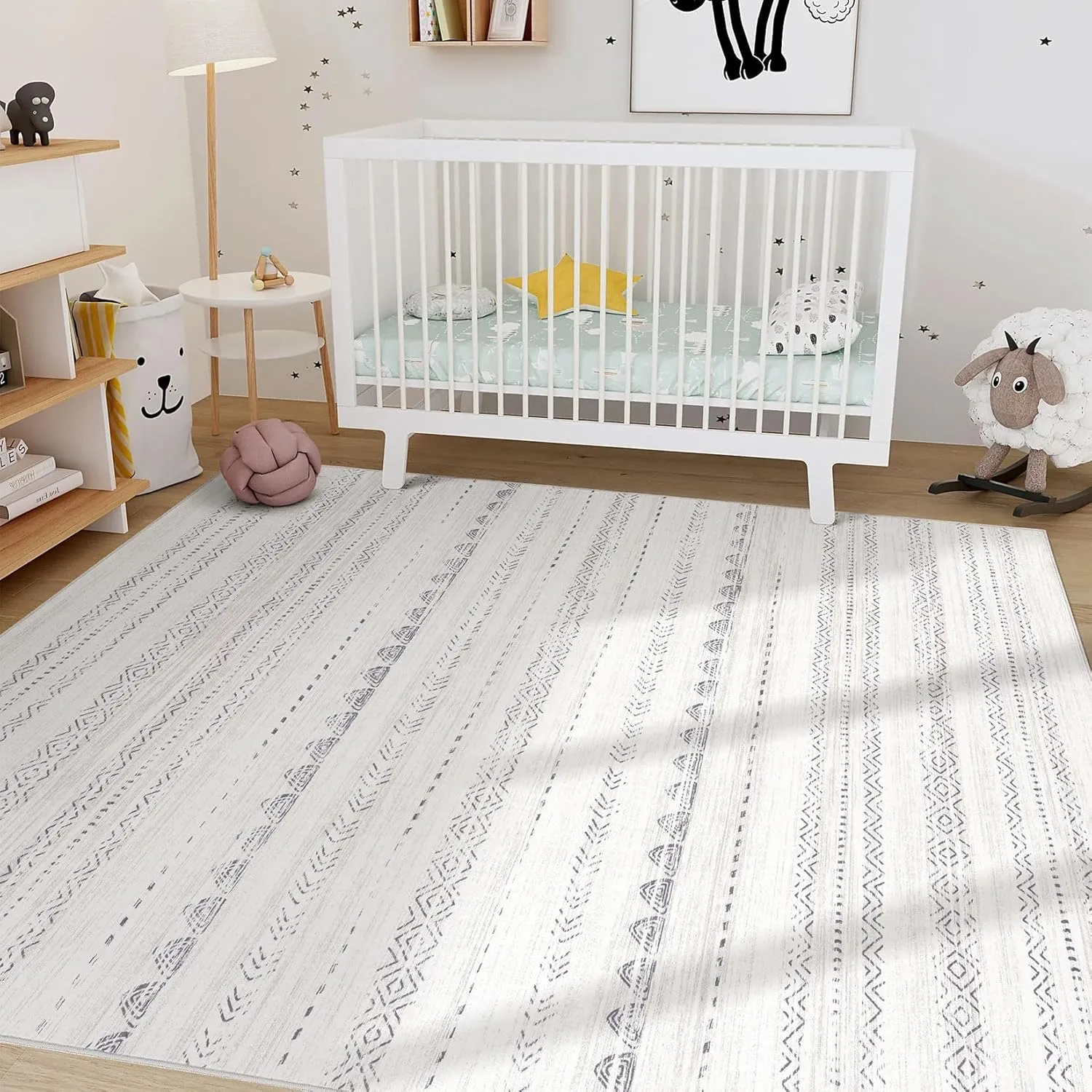 Area Rug Living Room Rugs: 5x7 Washable Boho Large Neutral Farmhouse Soft Moroccan Stain Resistant Indoor Floor Carpet for Bedroom Nursery Kids Playroom Office Dining Room Home House Decor- Gray