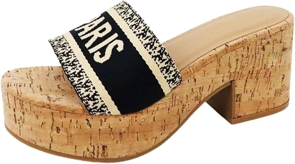 BAMBOO Womens platform raffia espadrille Chunky Block heel Slip on Sandals
