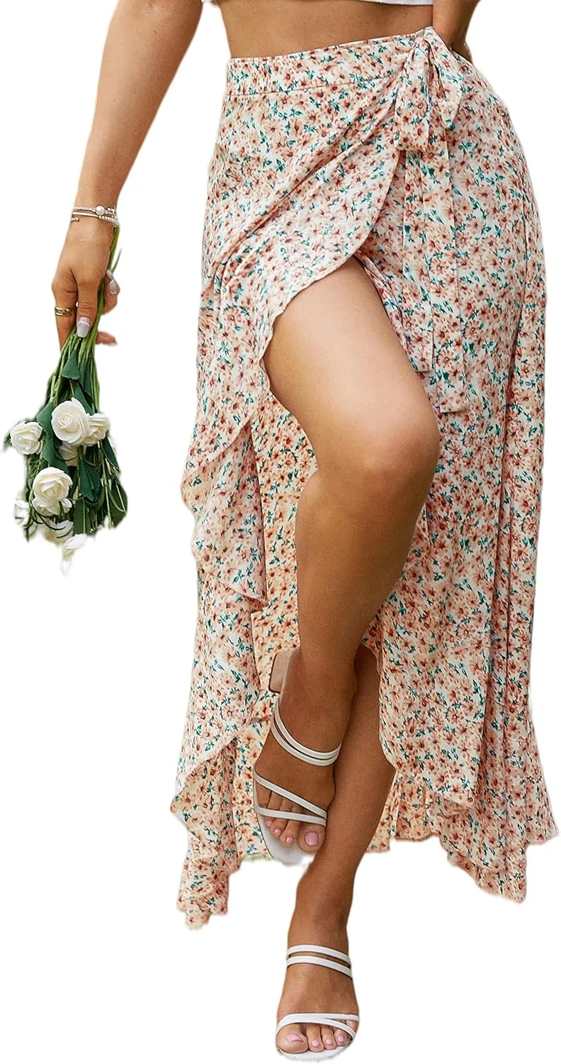 BerryGo Women's Boho Floral Wrap Maxi Skirt High Waisted Long Skirt with Slit