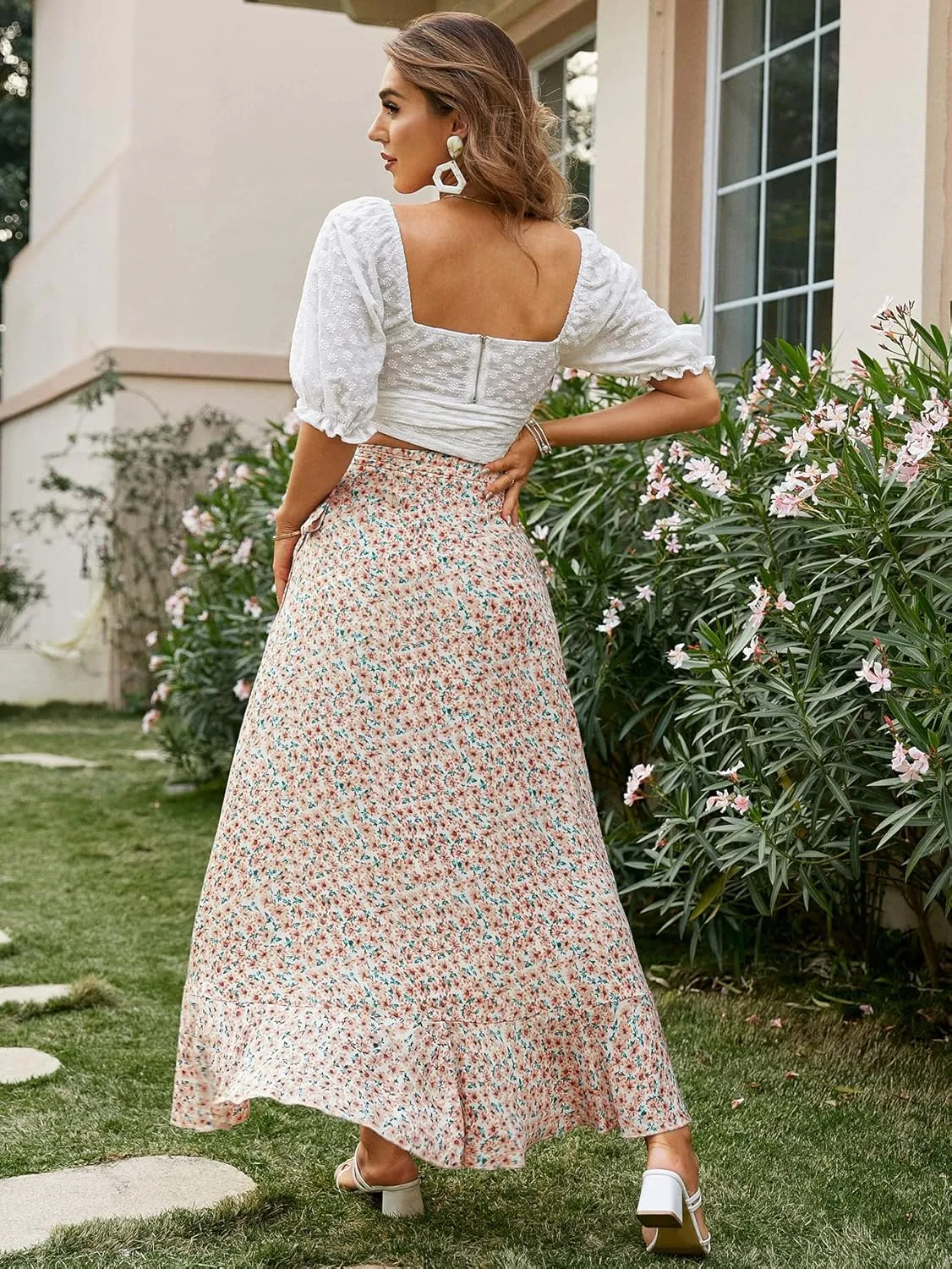 BerryGo Women's Boho Floral Wrap Maxi Skirt High Waisted Long Skirt with Slit