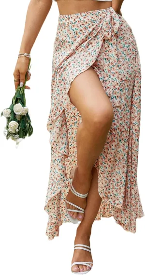 BerryGo Women's Boho Floral Wrap Maxi Skirt High Waisted Long Skirt with Slit