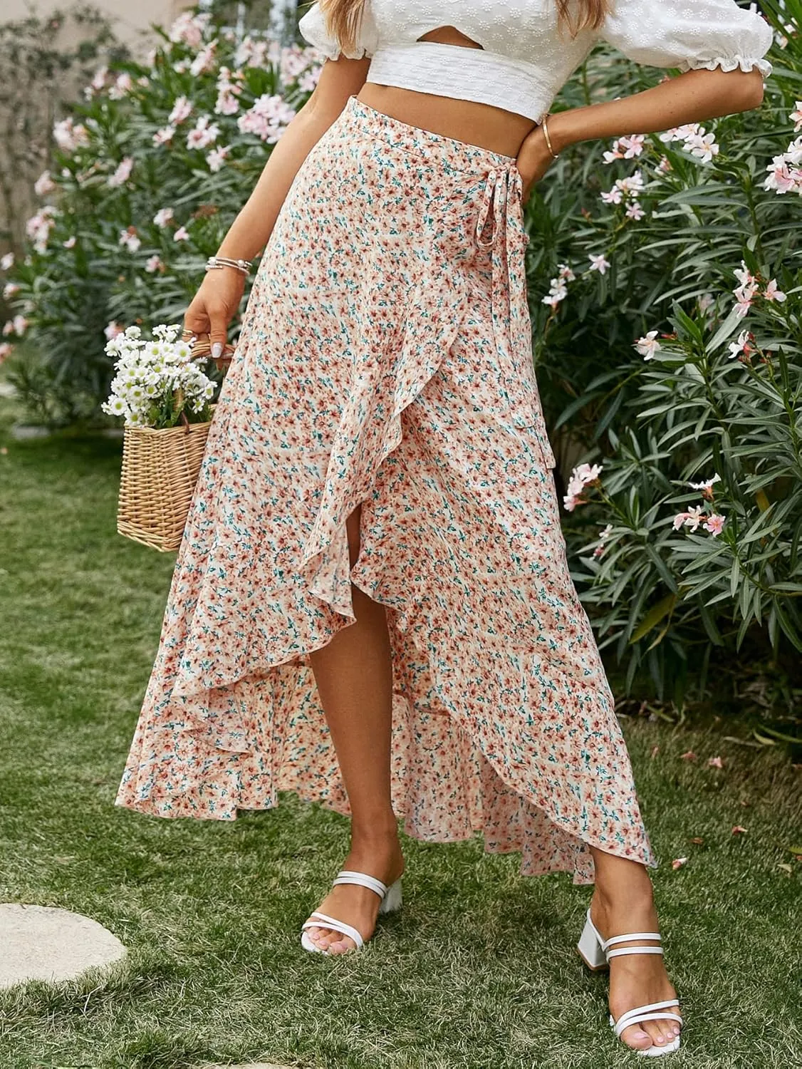 BerryGo Women's Boho Floral Wrap Maxi Skirt High Waisted Long Skirt with Slit