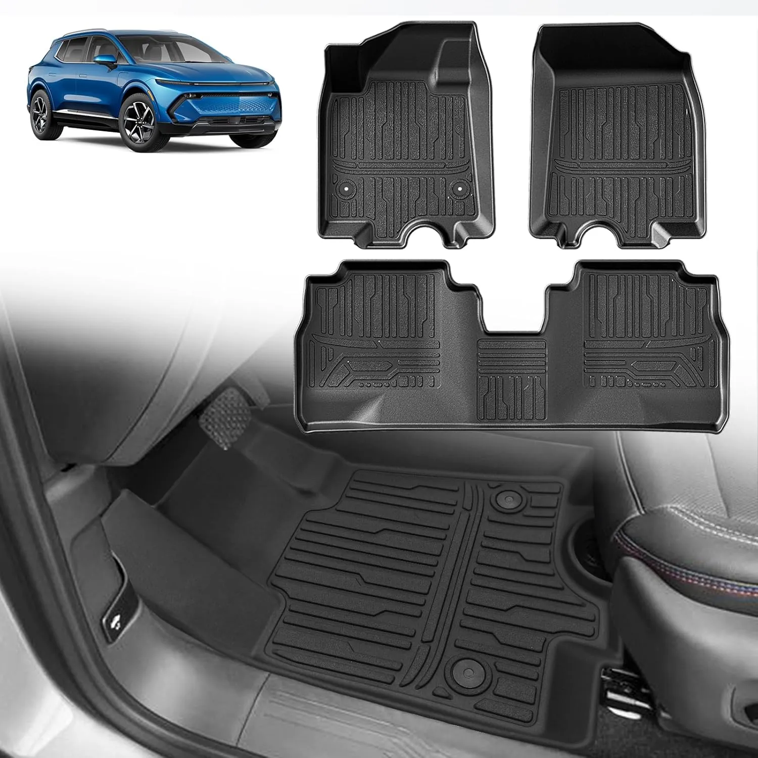 BestEvMod All Weather Liner Floor Mats Compatible with Chevrolet Equinox EV 2024 2025 Accessories Heavyduty Anti-Slip 3D Pattern Waterproof Protect Liner 1st & 2nd Rows Set (Floor Mats)