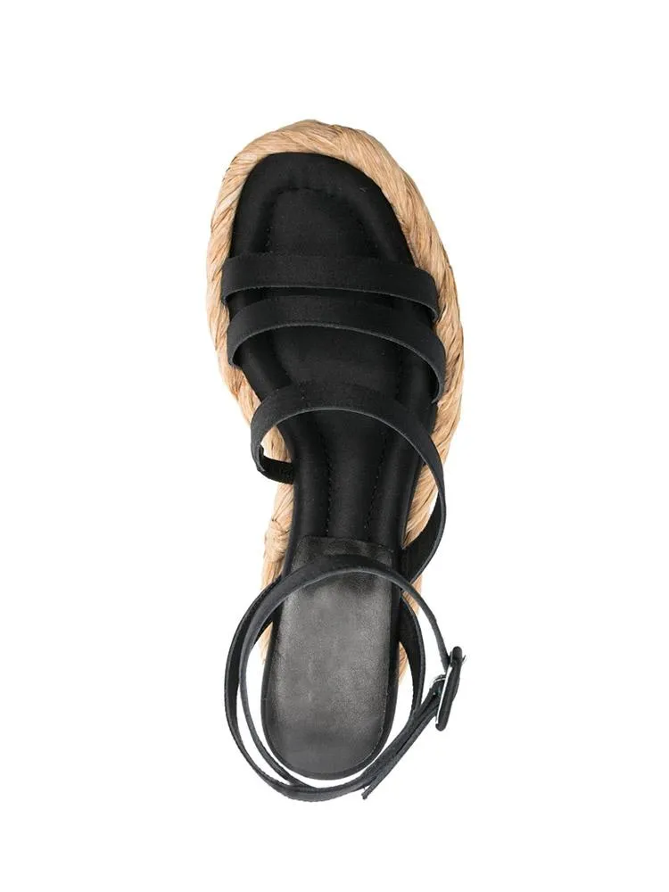 Black Multi Bands Open-toe Espadrille Wedge Sandals With Ankle Strap