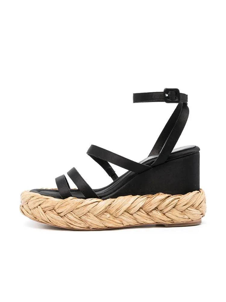 Black Multi Bands Open-toe Espadrille Wedge Sandals With Ankle Strap