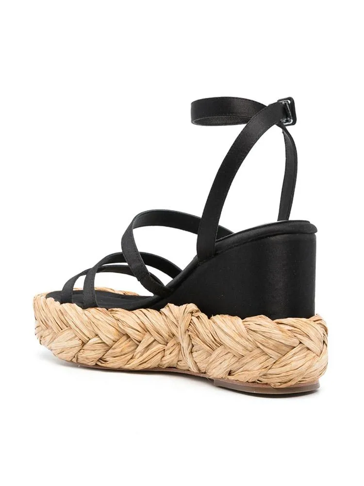 Black Multi Bands Open-toe Espadrille Wedge Sandals With Ankle Strap