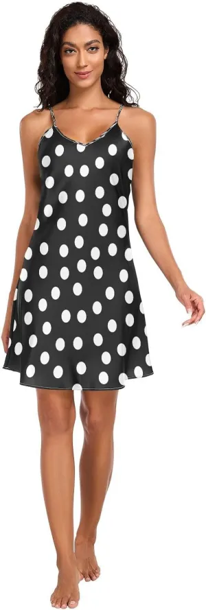 Black Polka Dots Satin Slip Dress, Adjustable Spaghetti Strap V Neck Soft Lounge Slip Dress, S