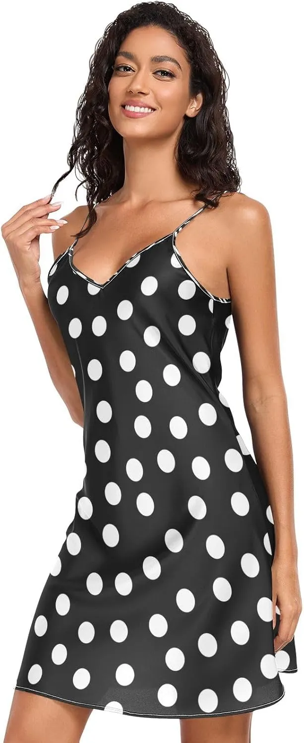Black Polka Dots Satin Slip Dress, Adjustable Spaghetti Strap V Neck Soft Lounge Slip Dress, S