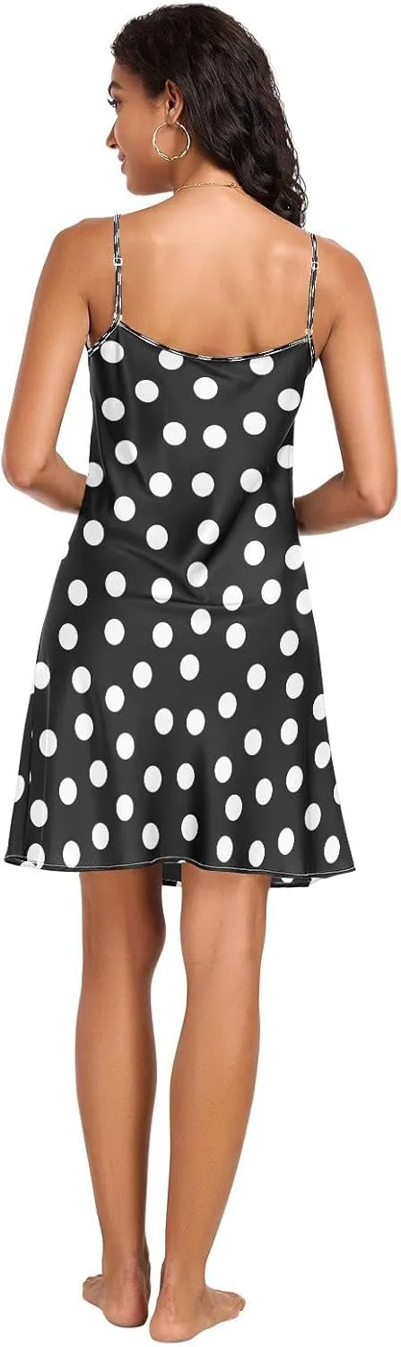 Black Polka Dots Satin Slip Dress, Adjustable Spaghetti Strap V Neck Soft Lounge Slip Dress, S