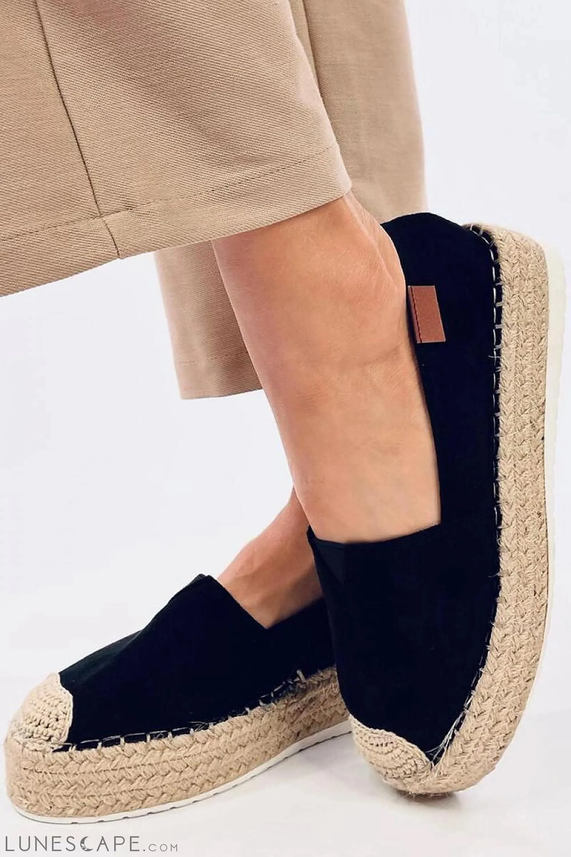 Black Suede Flat Espadrille with Raffia Cap Toe