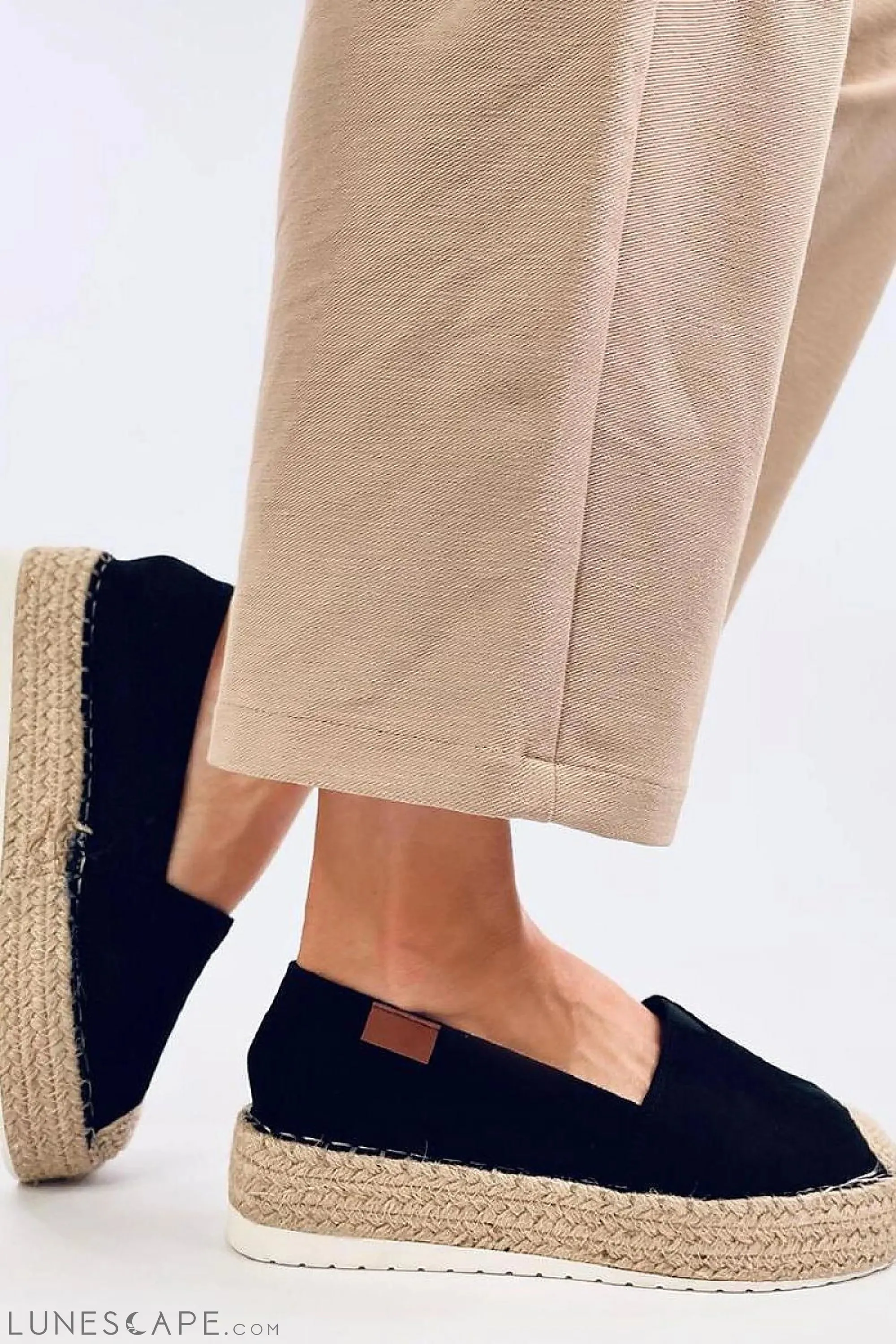 Black Suede Flat Espadrille with Raffia Cap Toe