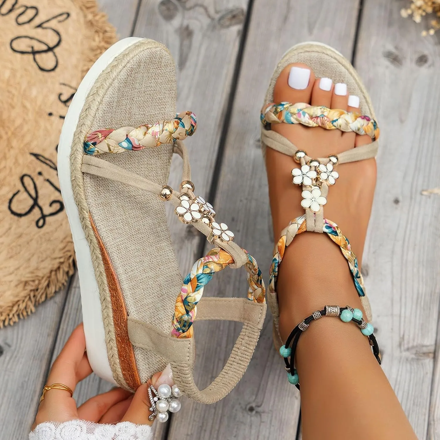 Bohemian Wedge Sandals for Women Fashion Elastic Strap Sandals Linen Plaited Platform Sandals Beach Sandals