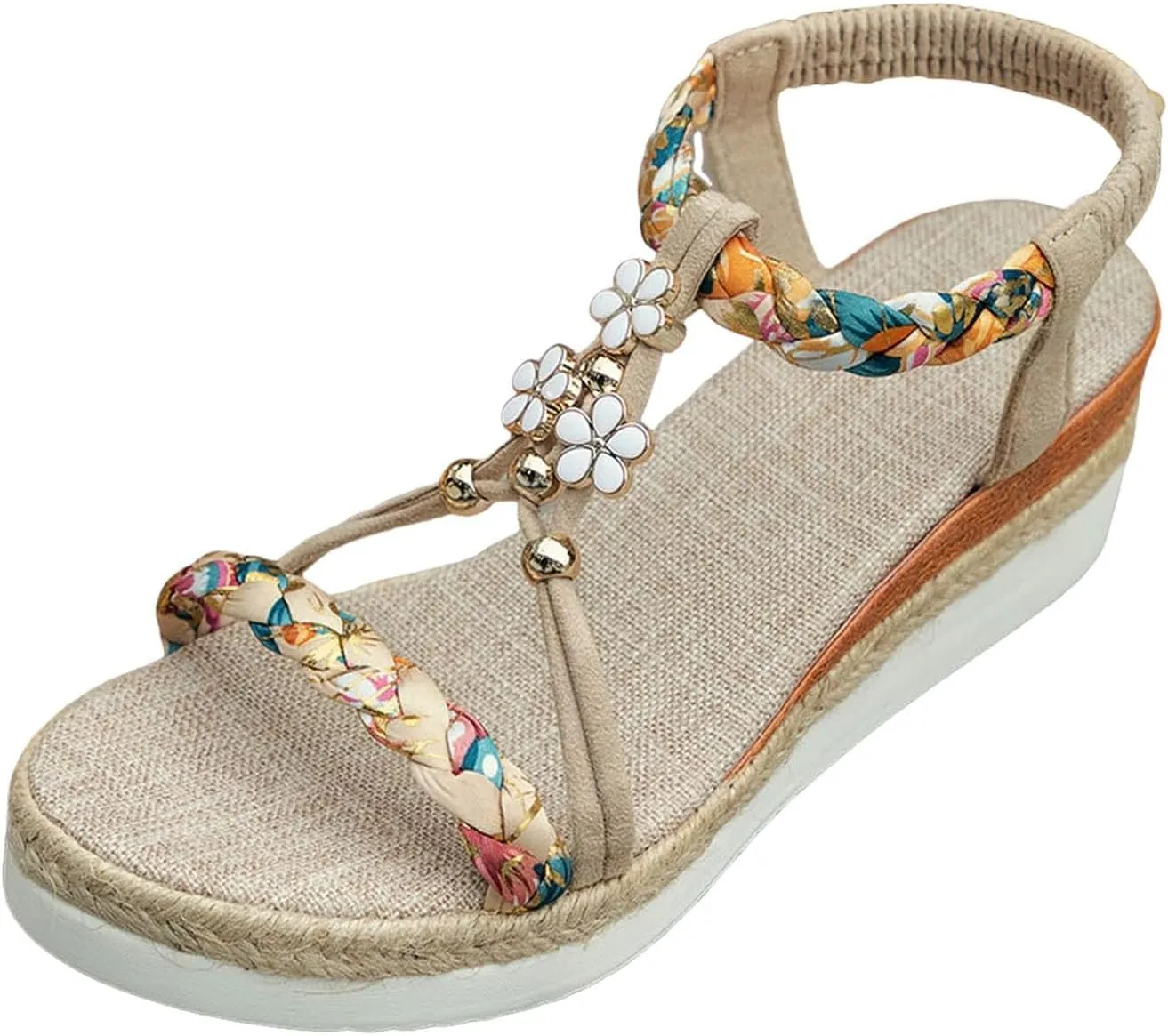 Bohemian Wedge Sandals for Women Fashion Elastic Strap Sandals Linen Plaited Platform Sandals Beach Sandals