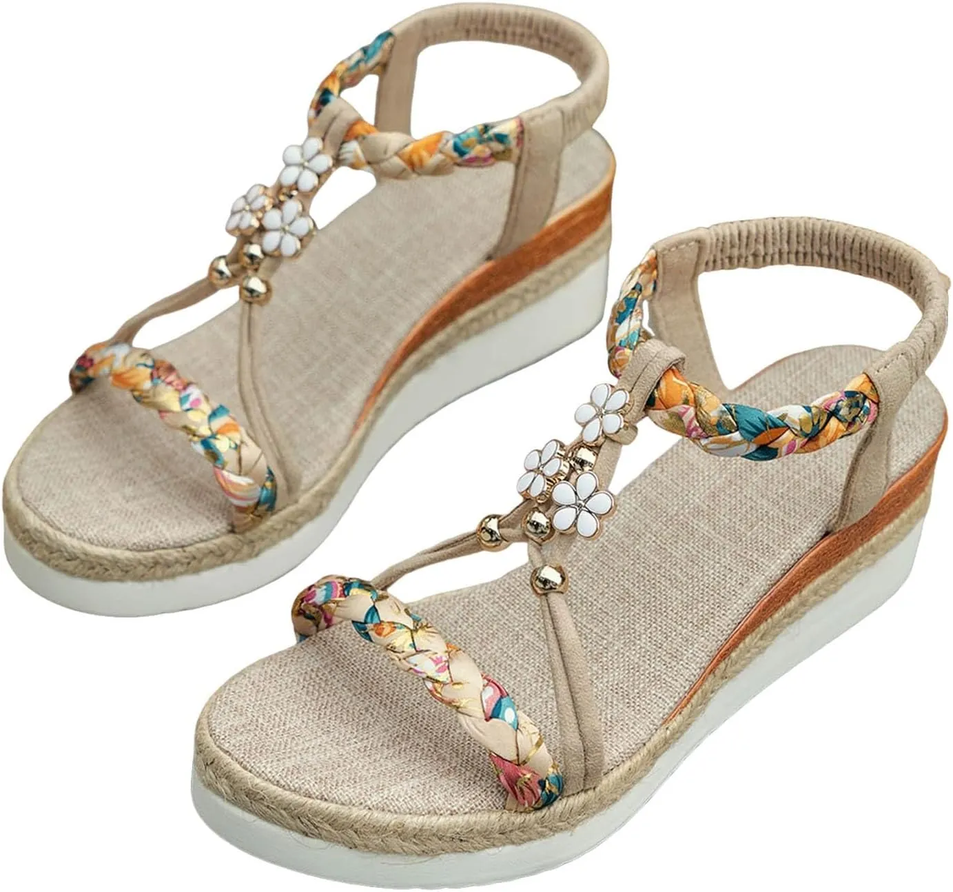 Bohemian Wedge Sandals for Women Fashion Elastic Strap Sandals Linen Plaited Platform Sandals Beach Sandals