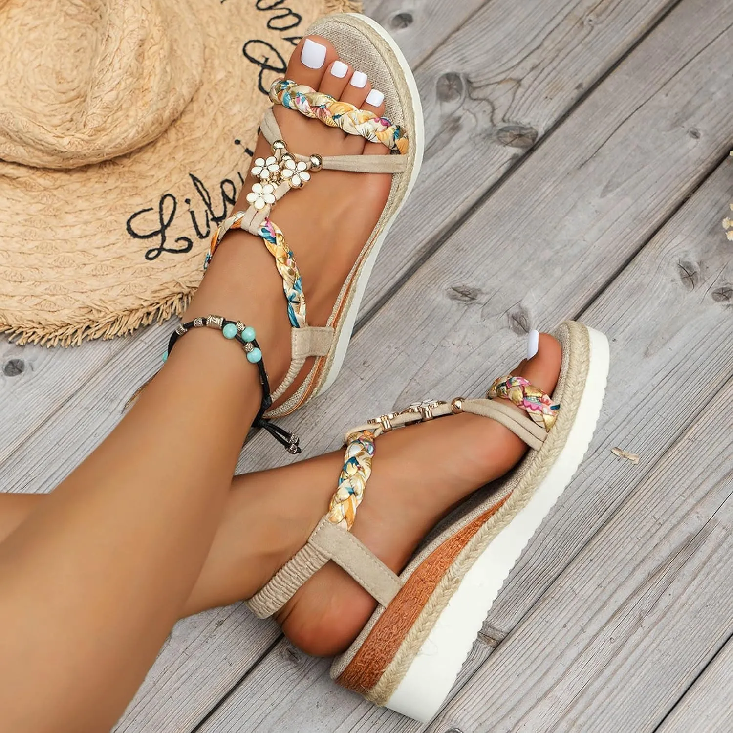 Bohemian Wedge Sandals for Women Fashion Elastic Strap Sandals Linen Plaited Platform Sandals Beach Sandals