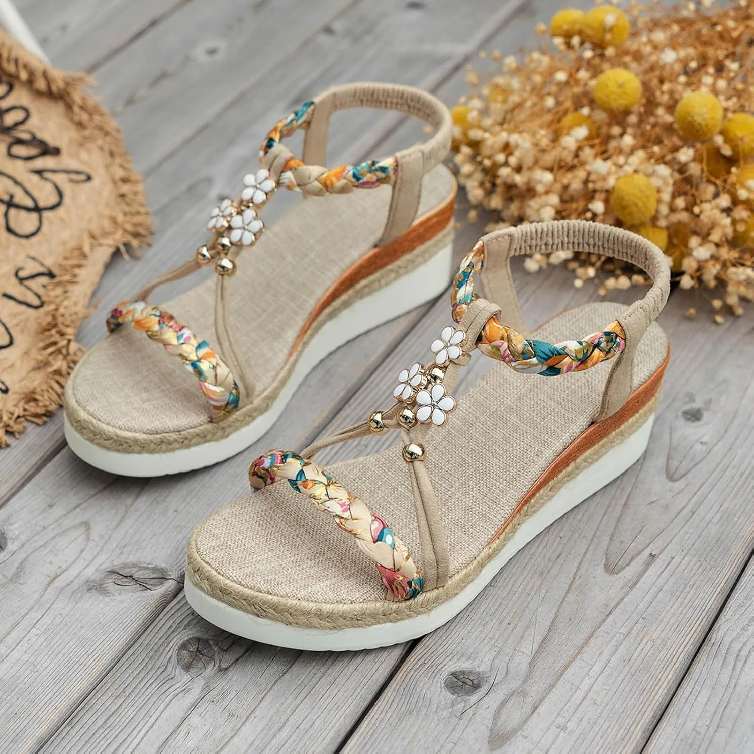 Bohemian Wedge Sandals for Women Fashion Elastic Strap Sandals Linen Plaited Platform Sandals Beach Sandals