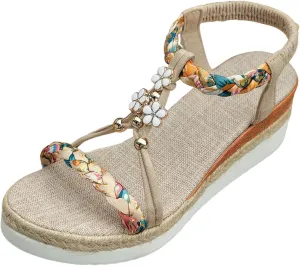 Bohemian Wedge Sandals for Women Fashion Elastic Strap Sandals Linen Plaited Platform Sandals Beach Sandals