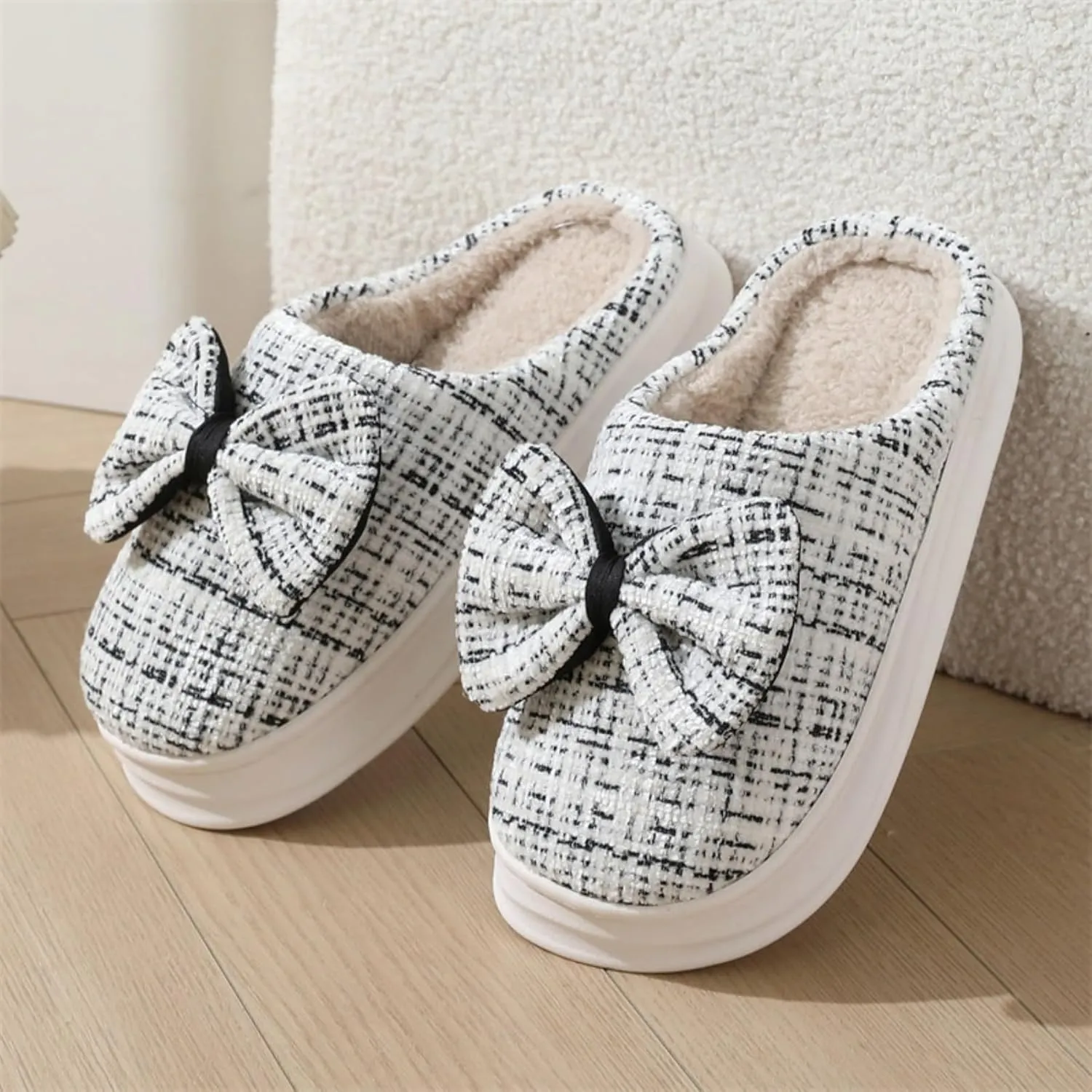 Bow House Slippers Women's Soft Fleece Home Slippers with Bows Winter Warm Plush Slippers Cozy Indoor Cute Bow Tie Slippers Fuzzy Bedroom Slippers Shoes Slip On Non Slip