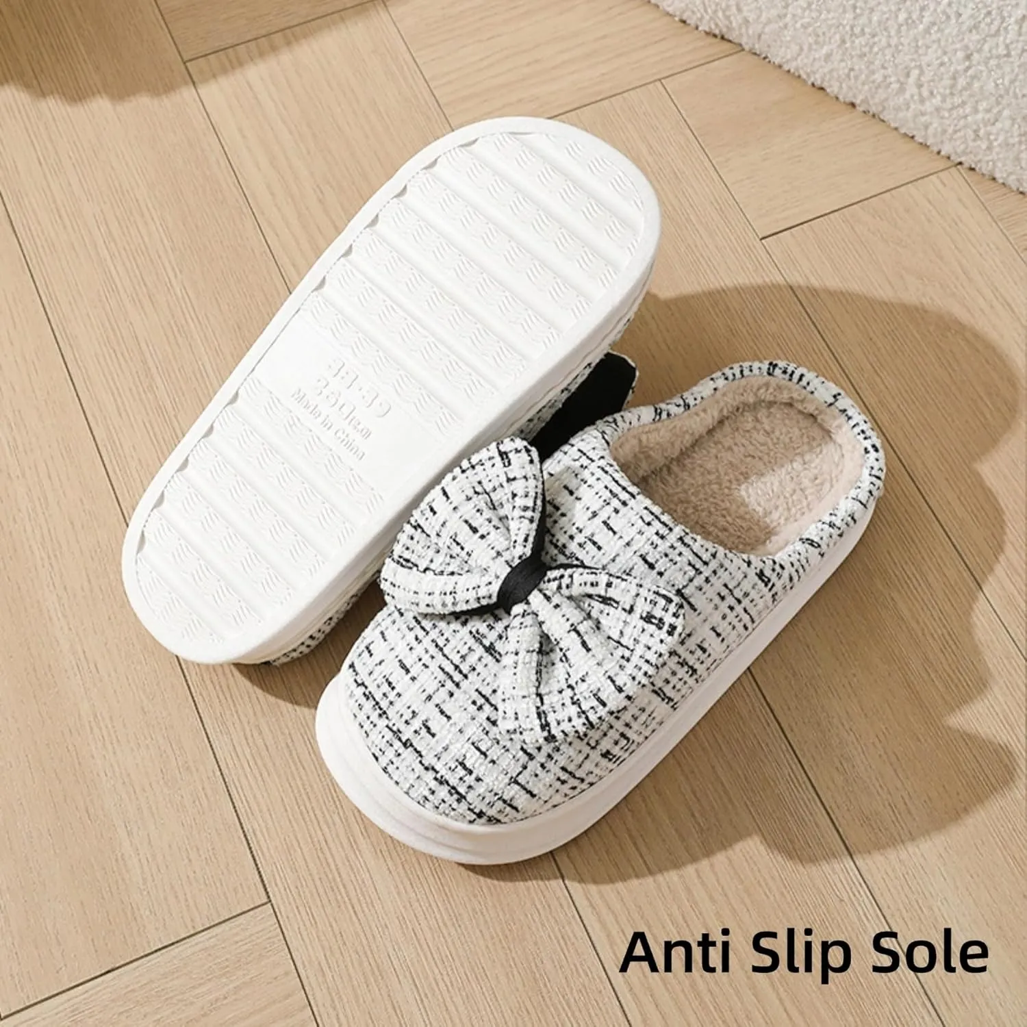 Bow House Slippers Women's Soft Fleece Home Slippers with Bows Winter Warm Plush Slippers Cozy Indoor Cute Bow Tie Slippers Fuzzy Bedroom Slippers Shoes Slip On Non Slip