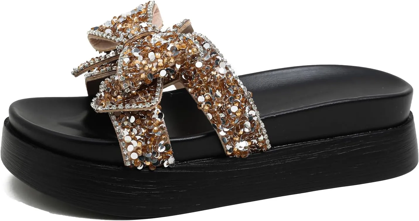 Bow Rhinestones Platform Slides Sandals for Women Sparkle Pearl Slip-on Open Toe Comfort Soft Sole Home Outdoor Beach Slipper