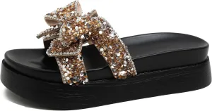 Bow Rhinestones Platform Slides Sandals for Women Sparkle Pearl Slip-on Open Toe Comfort Soft Sole Home Outdoor Beach Slipper