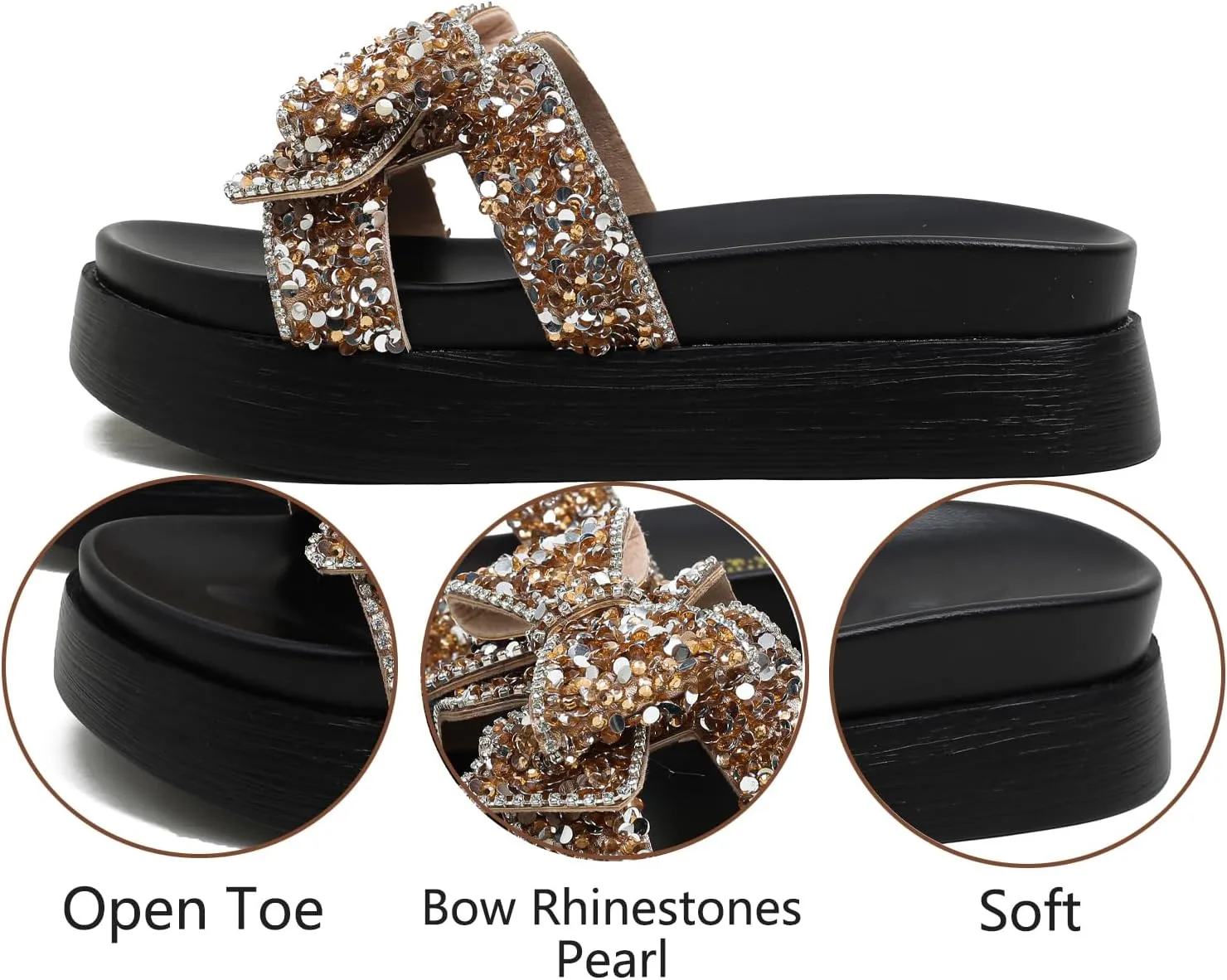 Bow Rhinestones Platform Slides Sandals for Women Sparkle Pearl Slip-on Open Toe Comfort Soft Sole Home Outdoor Beach Slipper