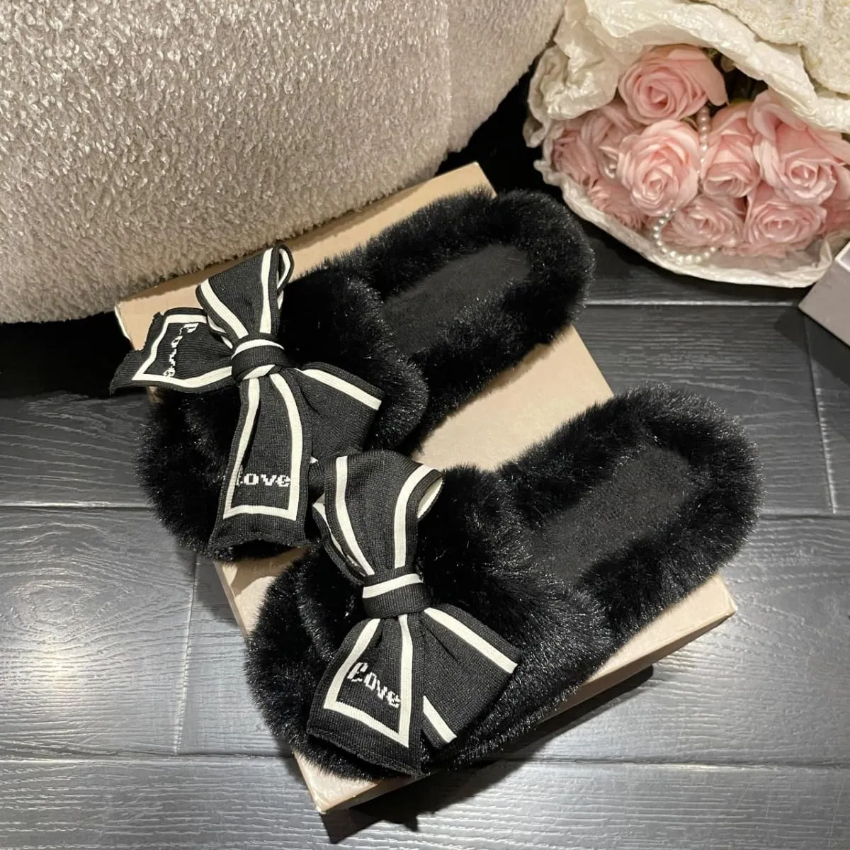 Bow Tie Slippers Soft and Fluffy Open Toe Slippers for Women Winter Indoor Outdoor Shoes